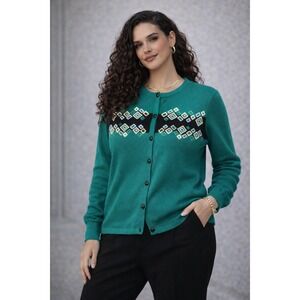 Bob Mackie Wearable Art Green Geometric Embroidered Button Cardigan Womens Sz L